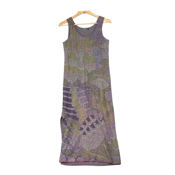Peruvian Connection Dress Women Sz M Maxi Knit Purple Green Side Slit PimaCotton - Picture 1 of 12